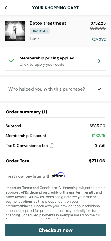RepeatMD patient cart with membership pricing applied — the discount engine in action